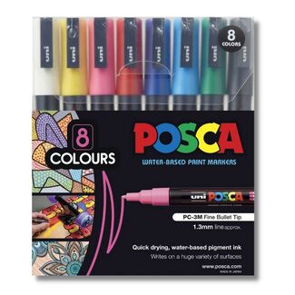 Uni Ball Posca Paint Pens 1.3mm PC3M 8 Pack - Assorted Colours