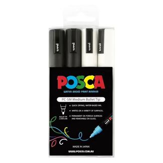 Uni Ball Posca Paint Pens 2.5mm PC5M 4 Pack - Black & White
