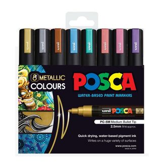 Uni Ball Posca Metallic Paint Pens 2.5mm PC5M 8 Pack - Assorted Colours