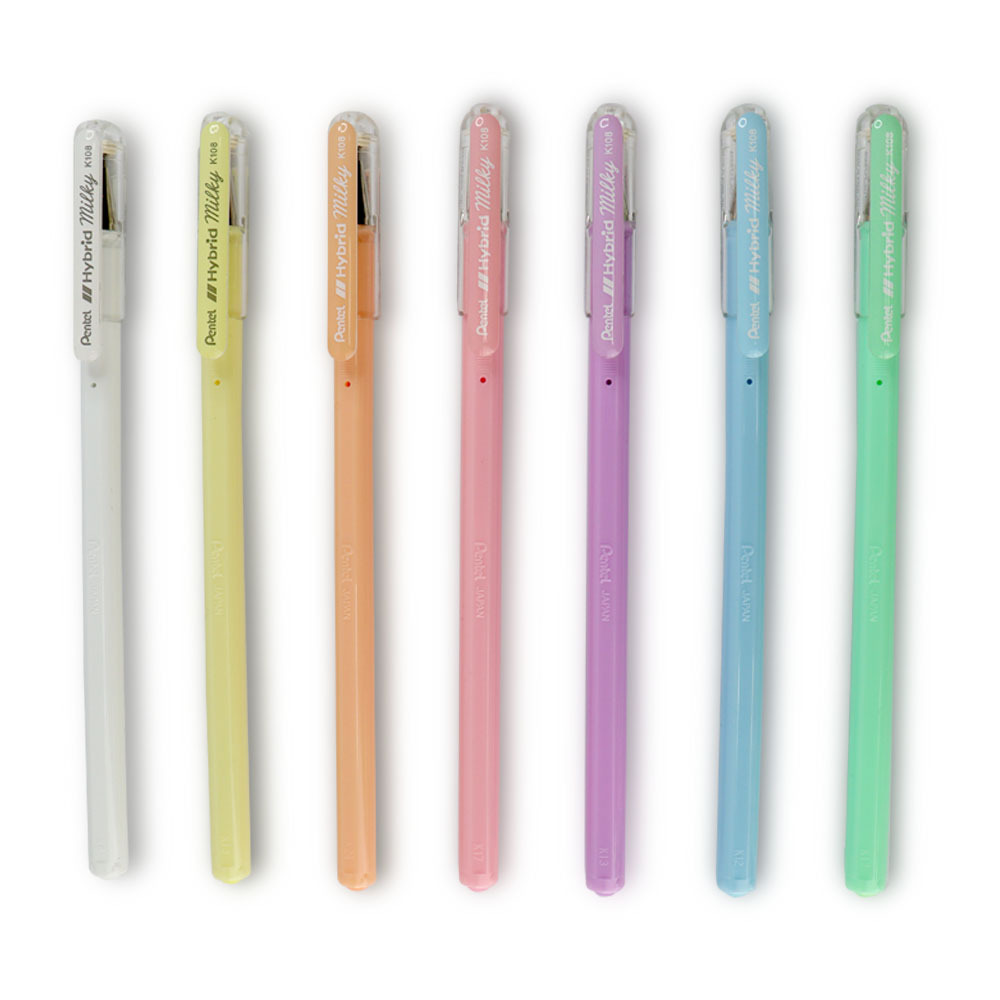 Pentel Hybrid Milky K108 0.8mm Pastel Gel Roller Pens 7 COLORS SET. 