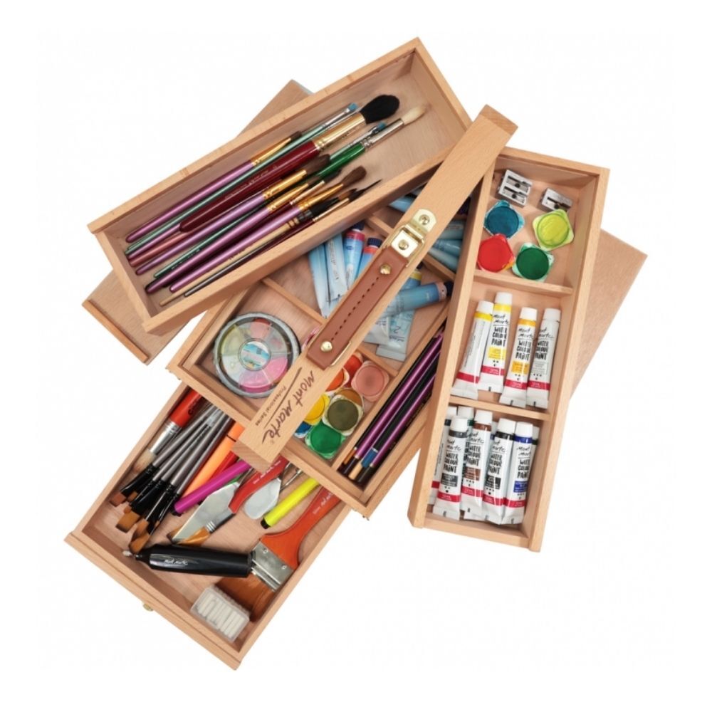 Mont Marte Multi-Purpose Wooden Art Box. 3 Layers of Storage for Organizing  Art Supplies. Features a Leather Carry Handle for Easy Transport