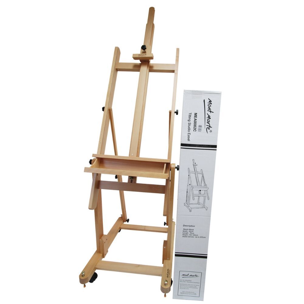 Mont Marte Tilting Studio Wooden Floor Easel. Height Adjustable Extra Large  H-Frame Featuring a Large Tilt Range. Castor Wheels Allow Easy Movement