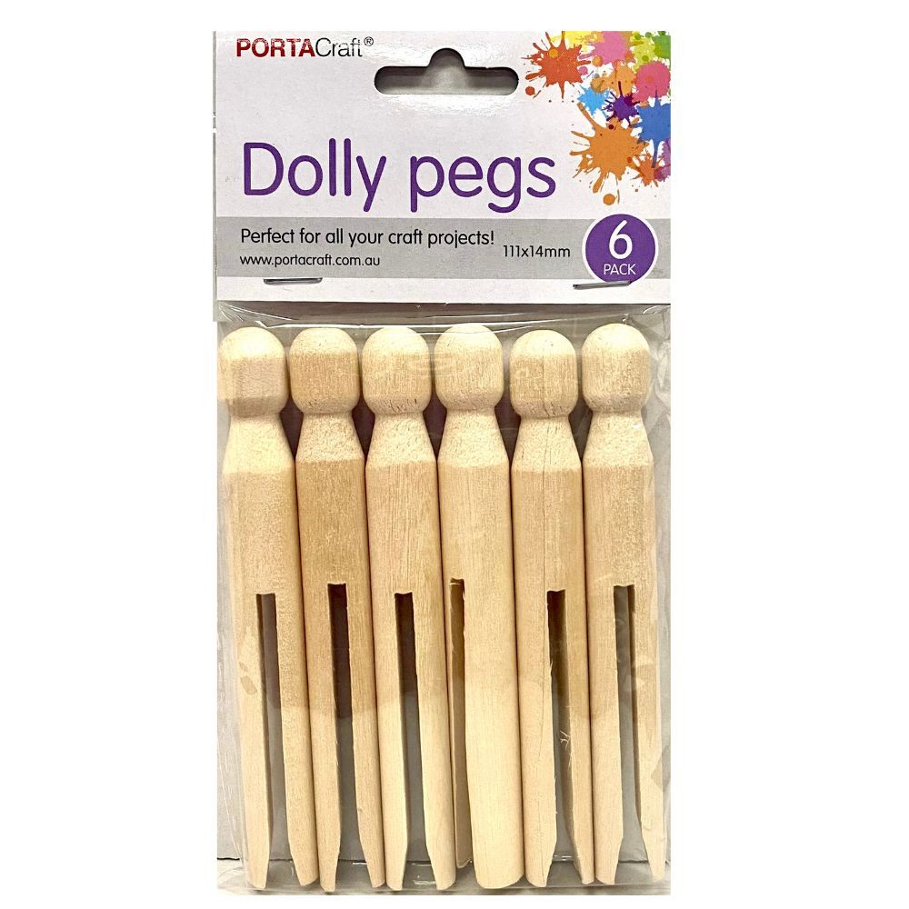 Wooden Clothes Pegs - Dolly 6pc Natural - Portacraft