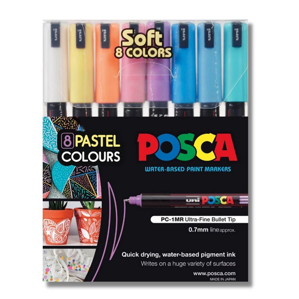 POSCA Mixed Marker Pack - 7 Paint Markers In Various Sizes - Brush, 1MR,  1M, 3M, 5M, 8K, 17K (Black) 