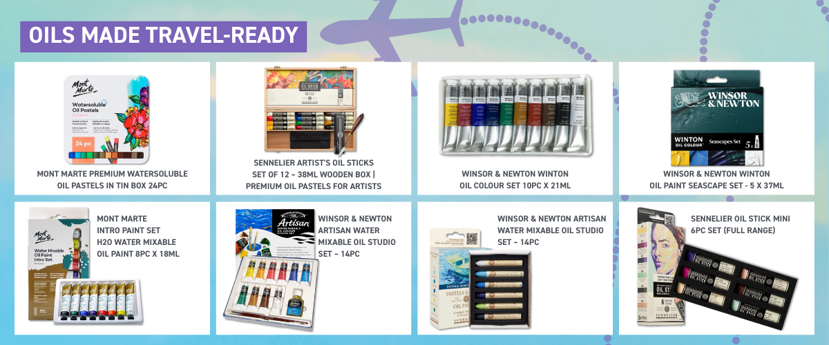Compact oil and water-mixable oil painting supplies suitable for travel, outdoor painting and ventilated studio spaces.