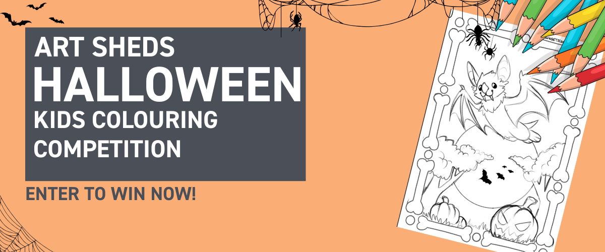 Kids Halloween colouring in competition banner with pumpkins and art supplies