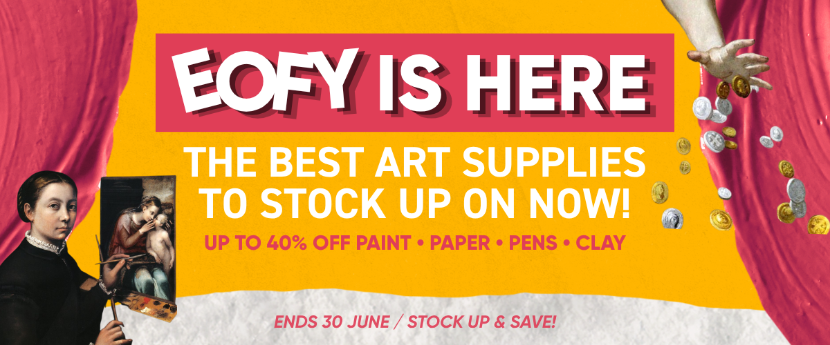 EOFY art supply sale banner featuring discounted paints, paper, markers, clay and studio supplies at Art Shed
