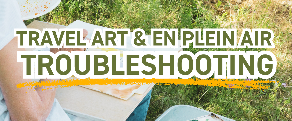 Travel art and en plein air troubleshooting guide banner over a yellow canola field under blue sky