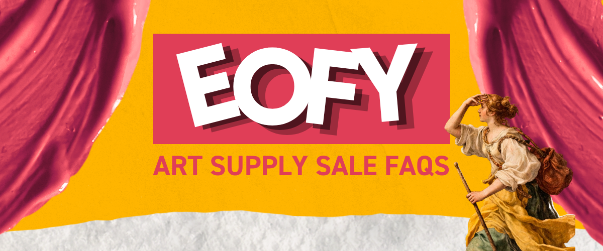 EOFY art supply sale FAQ banner answering common questions about discounts, tax deductions and what to buy