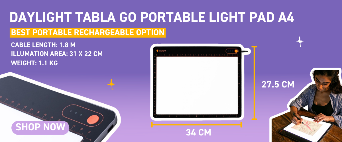 Product banner for the Daylight Tabla Go Portable Light Pad A4, showing the pad with dimensions 34 x 27.5 cm, specs including 1.8 m cable, 31 x 22 cm illumination area, and 1.1 kg weight, with a woman drawing on a light pad and a Shop Now button, on a purple background.