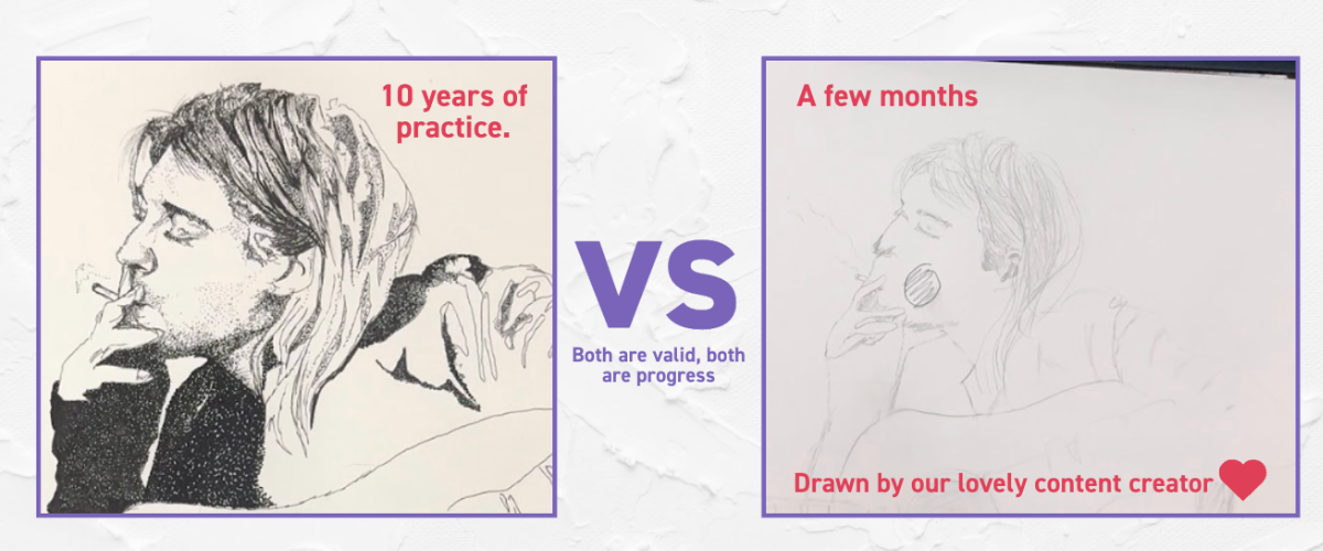 Beginner artist sketchbook progress showing early work versus later improvement