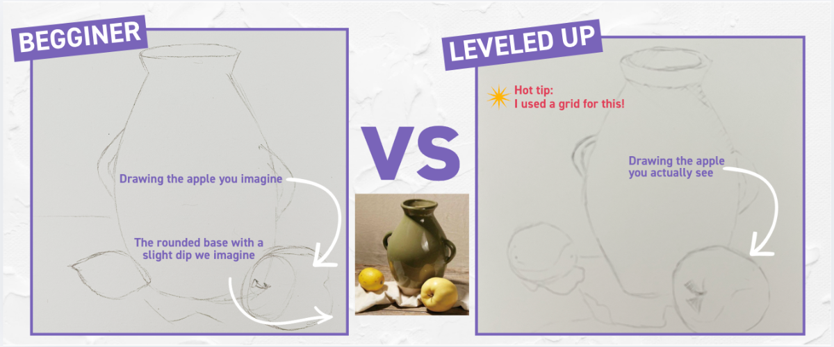 Still life drawing showing symbolic shapes versus accurate observation from reference