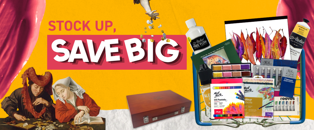 Art Shed EOFY sale call-to-action banner featuring art supplies in a basket and stock-up sale messaging