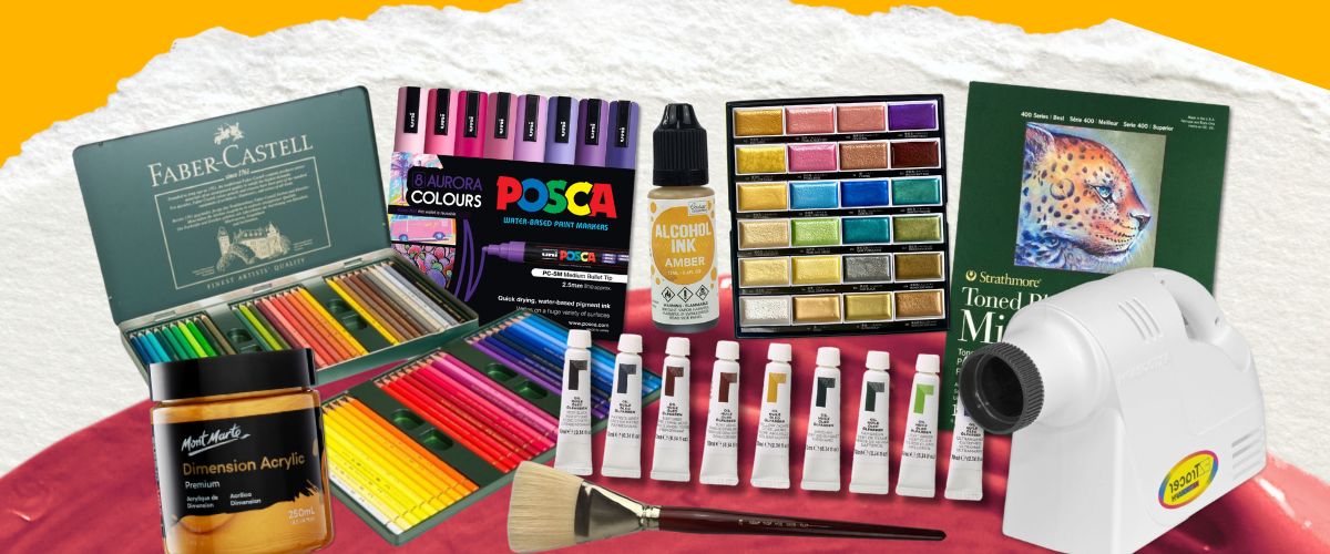 Art Shed EOFY sale footer banner featuring a basket of discounted art supplies and a call to stock up before June 30