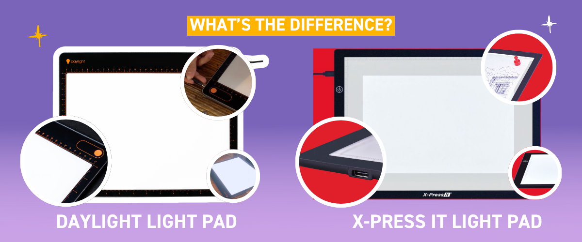 Comparison banner showing the Daylight light pad on the left and X-Press It light pad on the right, with close-up detail callouts highlighting key differences in design and features, under the heading 'What's the Difference?' on a purple background.