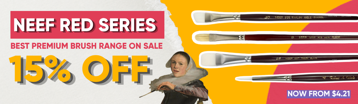 Neef Red Series brush sale banner featuring premium taklon and hog bristle brushes for acrylic and oil painting