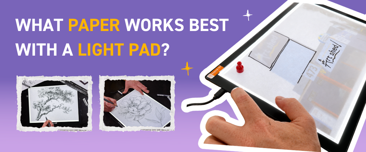 Blog banner asking 'What Paper Works Best with a Light Pad?' showing two sketches of botanical illustrations on paper alongside a hand placing paper on an illuminated X-Press It light pad, on a purple background.