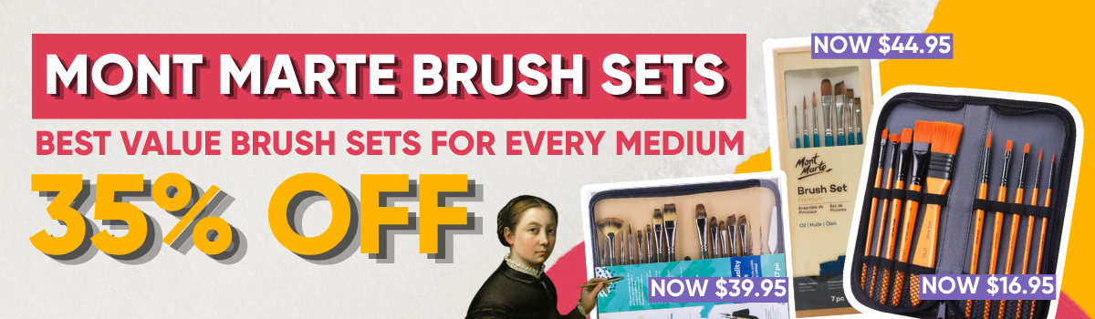 Mont Marte brush set sale banner featuring value brush packs for acrylic, oil, watercolour and mixed media