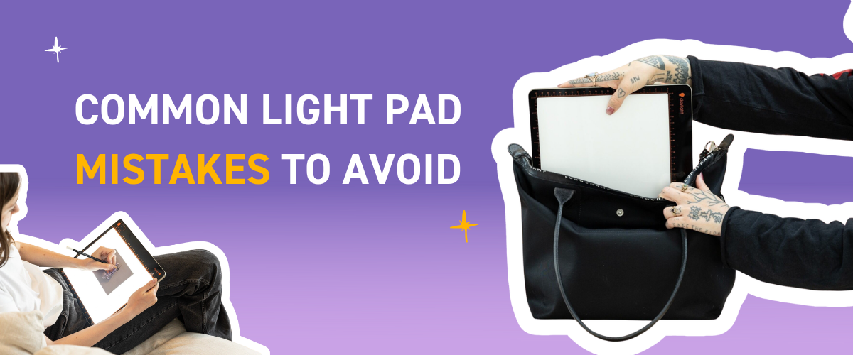 Blog banner titled 'Common Light Pad Mistakes to Avoid' showing a person drawing on a small light pad on a couch on the left, and hands sliding an oversized Daylight light pad into a bag on the right, on a purple background.