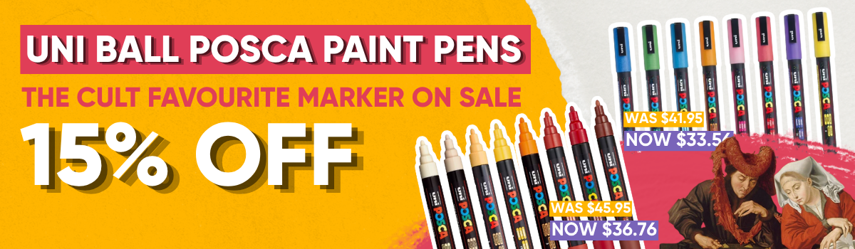 Uni Ball Posca paint pen sale banner featuring PC5M paint marker packs in assorted colour sets