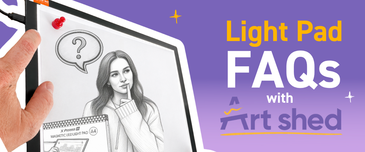 Blog banner for 'Light Pad FAQs with Art Shed' featuring a hand holding an X-Press It A4 Magnetic LED Light Pad with a pencil sketch of a thinking woman on screen, and the Art Shed logo on a purple background.