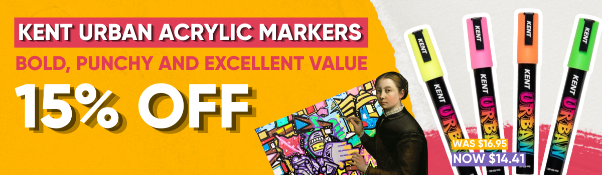 Kent Urban acrylic marker sale banner featuring 3mm and 6mm marker packs in classic, mono, metallic, pastel and fluoro colours