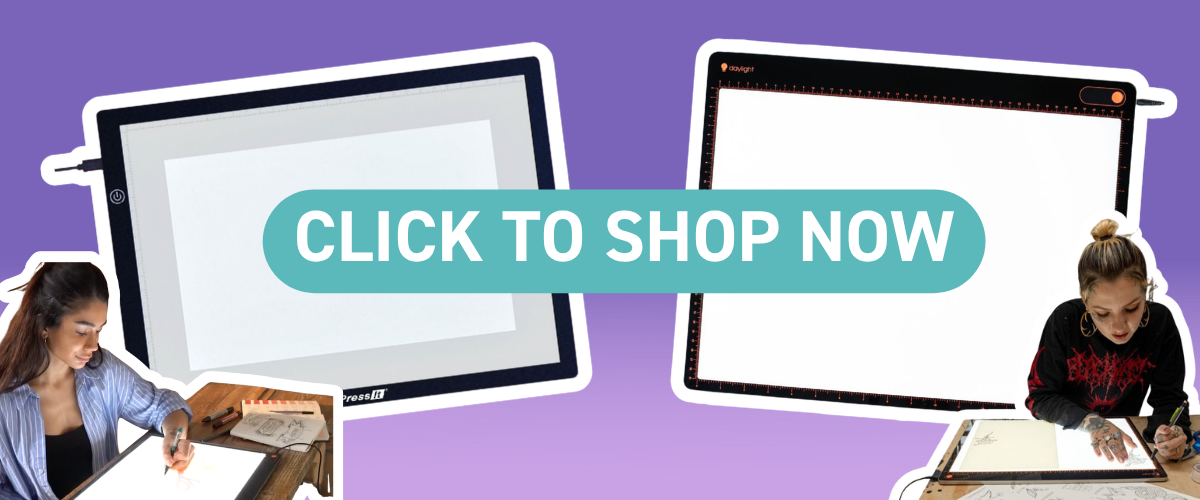 Promotional banner with the call-to-action 'Click to Shop Now', showing an X-Press It light pad on the left with a woman drawing, and a Daylight Tabla light pad on the right with another artist at work, on a purple background.