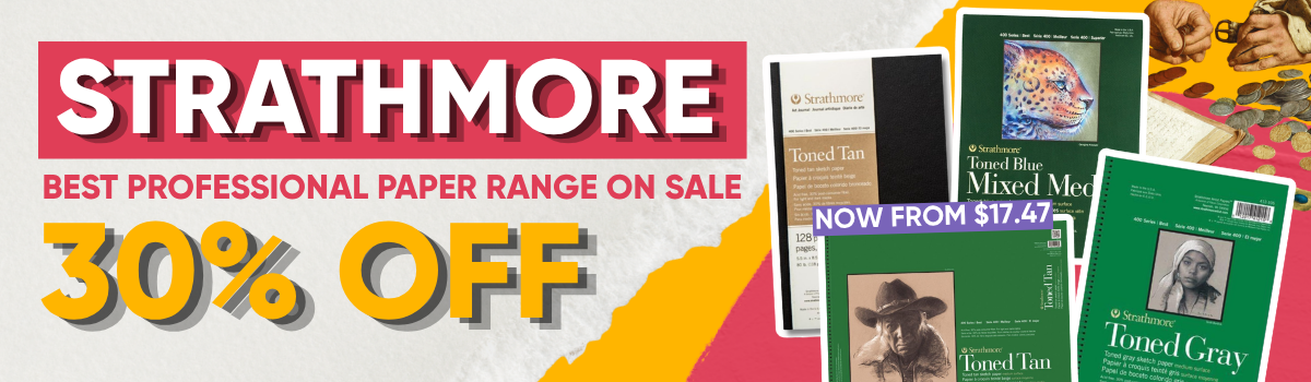 Strathmore paper sale banner featuring professional sketchbooks, toned paper and mixed media pads for artists