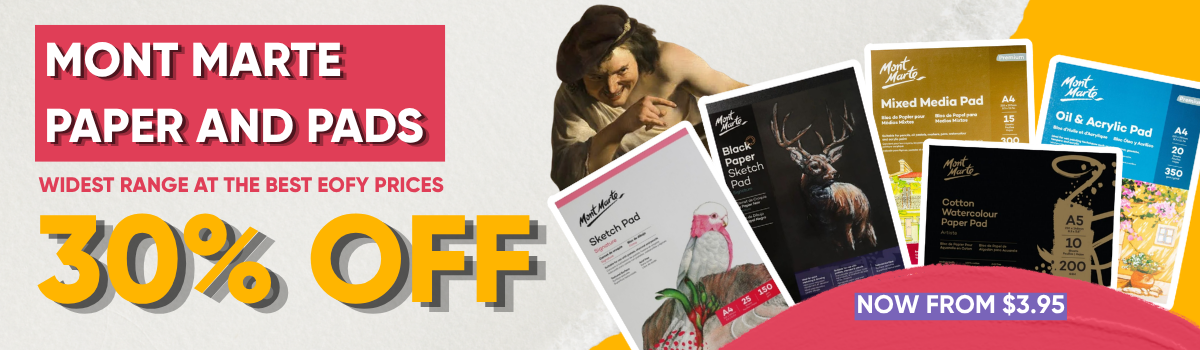 Mont Marte paper and pad sale banner featuring sketch pads, watercolour pads, mixed media paper, black paper and kraft paper