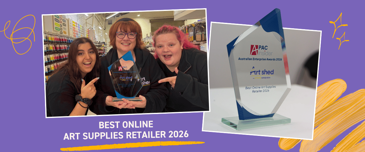 Art Shed team holding award with close-up of Best Online Art Supplies Retailer Australia 2026 award