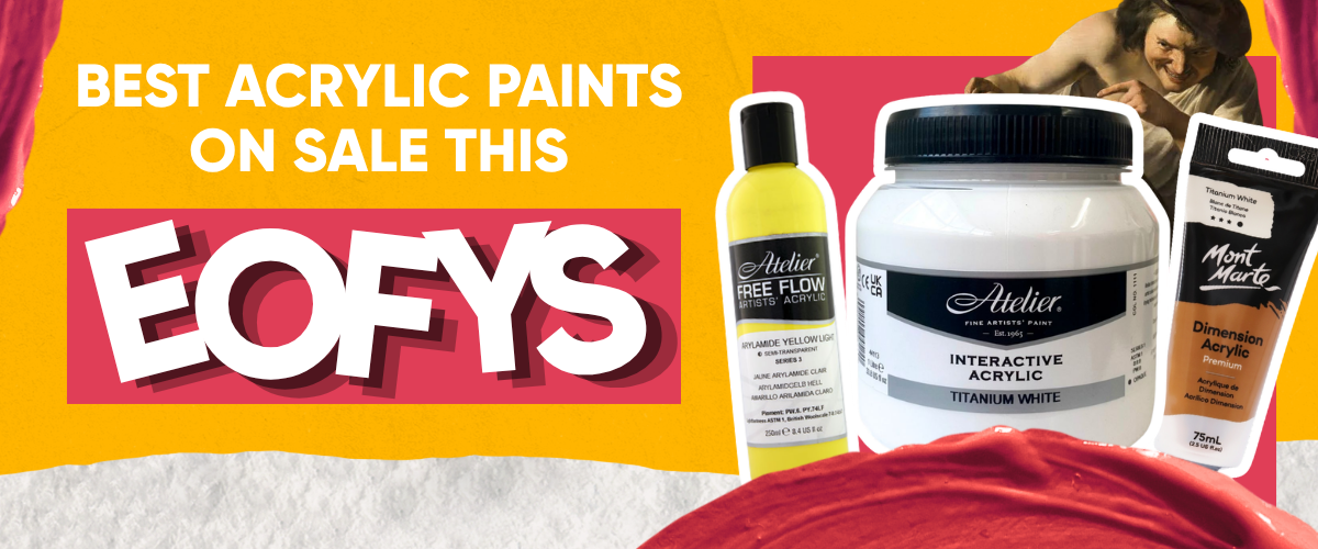 Acrylic paint sale banner featuring Atelier Interactive, Mont Marte Dimension and Mont Marte Signature acrylic paints