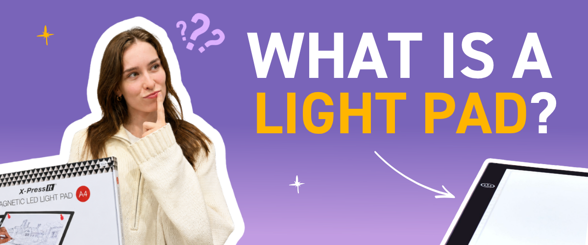 Blog banner titled 'What Is a Light Pad?' showing a woman holding an X-Press It A4 Magnetic LED Light Pad box with a thoughtful expression, and an LED light pad glowing on the right, on a purple background.