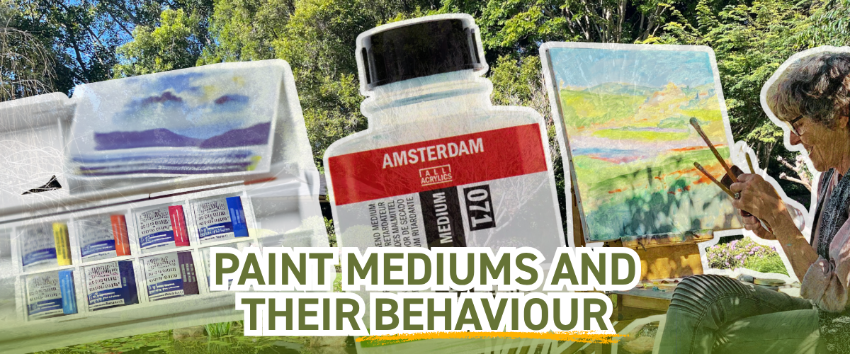 Watercolour pan set, Amsterdam acrylic slow-drying medium and an artist painting a landscape outdoors