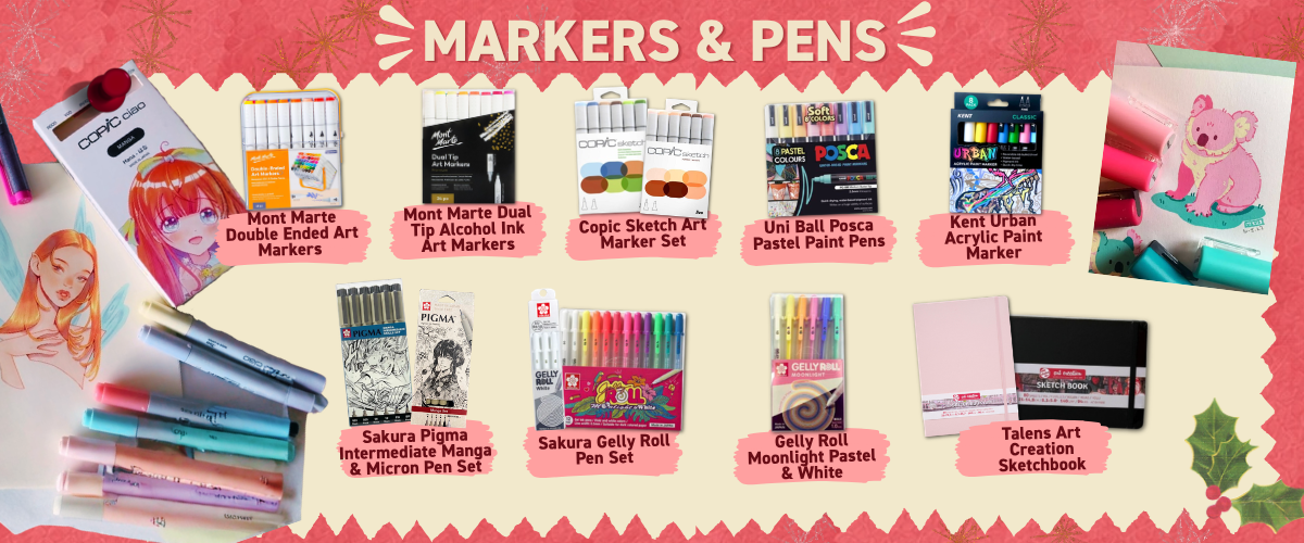 Markers and pens for teen artists including Mont Marte, Copic, Posca, Sakura Pigma and Gelly Roll pens, plus Talens sketchbooks
