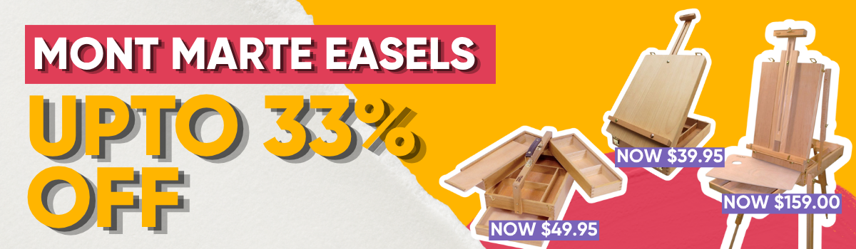 Mont Marte easel sale banner featuring desk easels, floor easels and studio easels for artists
