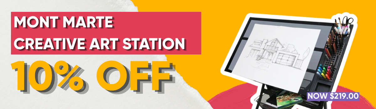 Mont Marte Creative Art Station sale banner featuring an adjustable glass artist desk for drawing, painting and tracing