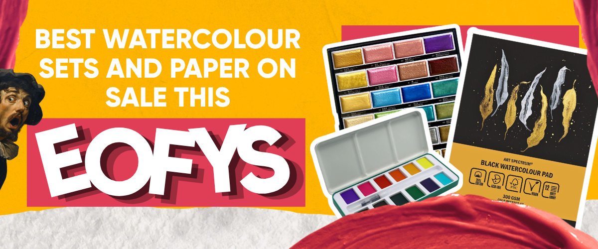 Watercolour sale banner featuring Kuretake Gansai Tambi sets, Art Spectrum cotton paper and beginner watercolour kits