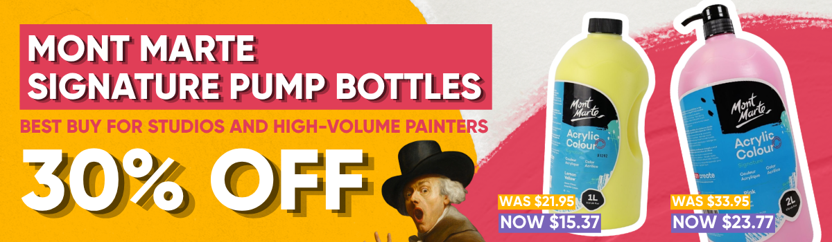 Mont Marte Signature acrylic pump bottle sale banner featuring 1L and 2L bulk acrylic paint for studios and classrooms