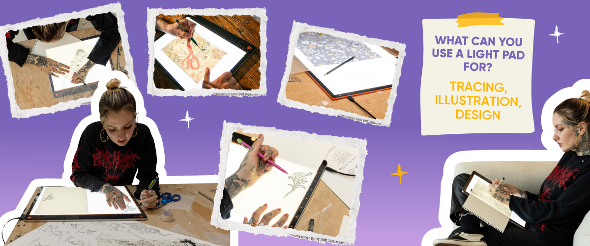 Blog banner showing multiple action photos of artists using LED light pads for tracing, illustration, and design work, with the text 'What Can You Use a Light Pad For? Tracing, Illustration, Design' on a purple background.