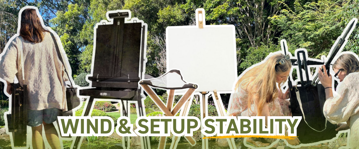 Artists setting up French box easels, a tripod easel and a folding stool outdoors in a garden