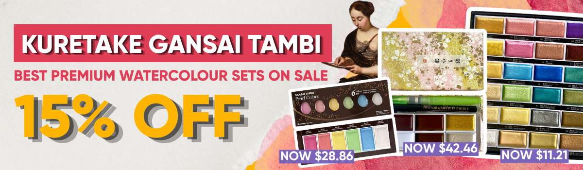Kuretake Gansai Tambi watercolour sale banner featuring premium Japanese watercolour sets at Art Shed
