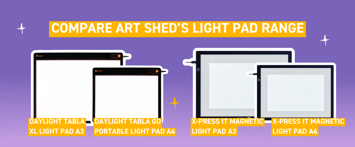 Comparison banner for Art Shed's light pad range displaying four models side by side: Daylight Tabla XL A3, Daylight Tabla Go Portable A4, X-Press It Magnetic A3, and X-Press It Magnetic A4, on a purple background.