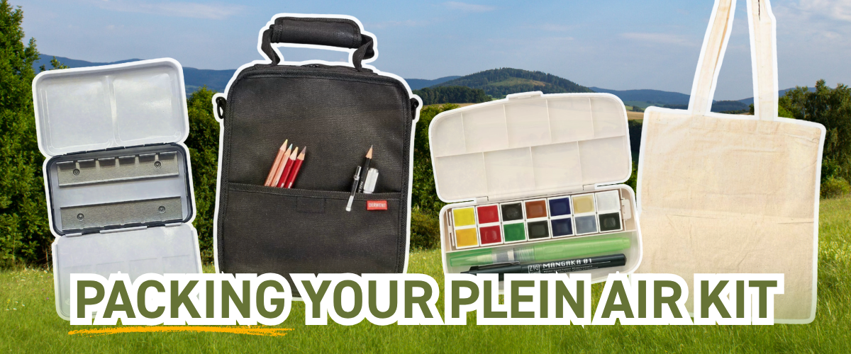 Compact travel art kit with folding palettes, pencil case, watercolour half pan set and tote bag in a field