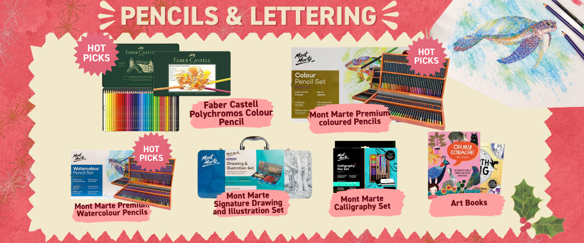 Pencils and lettering gifts for teen artists including Faber-Castell Polychromos, Mont Marte coloured pencils, calligraphy set and art books