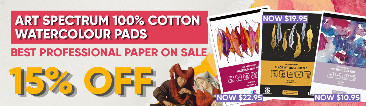 Art Spectrum 100% cotton watercolour paper sale banner featuring hot pressed, cold pressed and rough watercolour pads