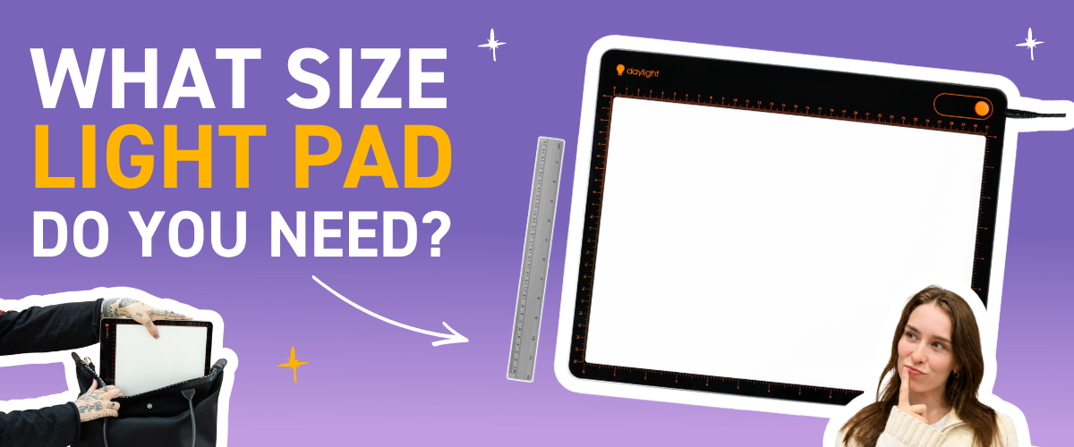 Blog banner asking 'What Size Light Pad Do You Need?' featuring a large Daylight Tabla XL A3 light pad with a ruler beside it, a person holding a compact light pad on the left, and a woman thinking on the right, on a purple background.