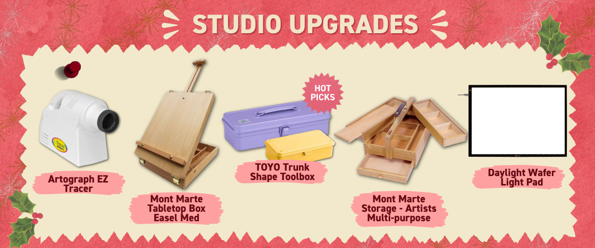 Studio upgrades for teen artists including TOYO toolbox, Artograph EZ Tracer, tabletop easel, storage box and Daylight Wafer light pad