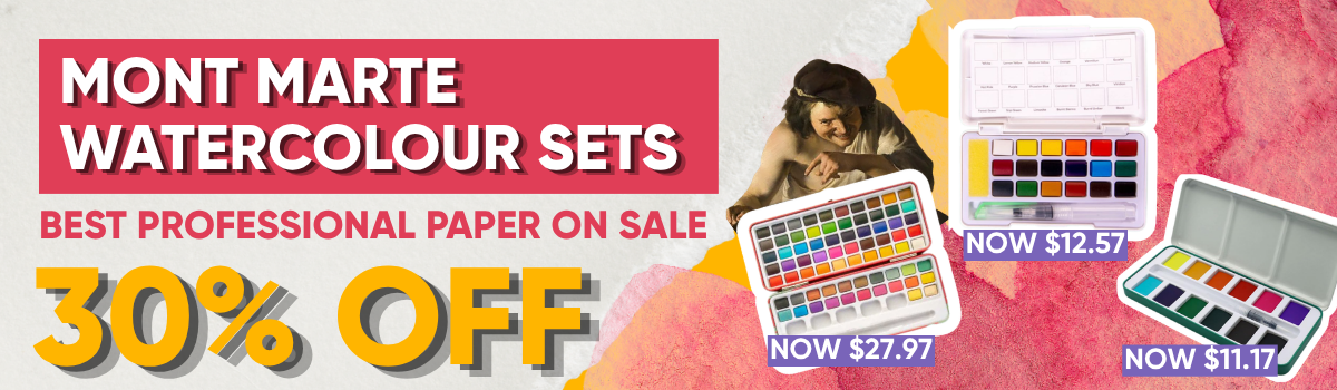 Mont Marte watercolour set sale banner featuring beginner and student half pan watercolour kits