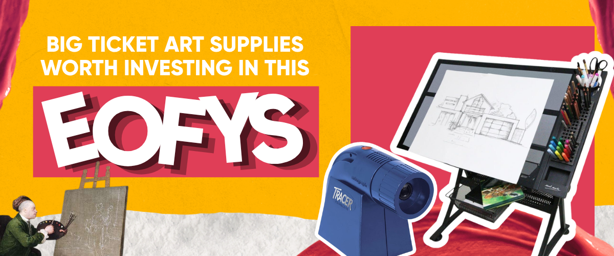 Premium EOFY art supplies banner featuring professional pencils, studio tools, easels and artist investment pieces