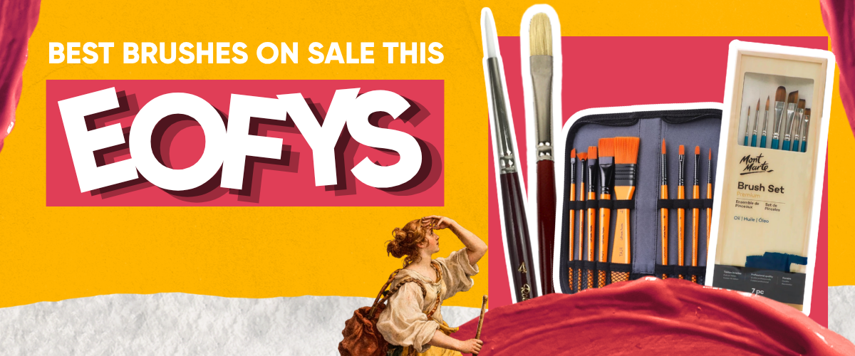 Artist brush sale banner featuring Neef Red Series brushes and Mont Marte brush sets for acrylic and oil painting